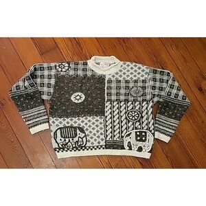 Vintage René Derhy Patchwork Knit Sweater M Elephant Geometric Boho Wool Blend
